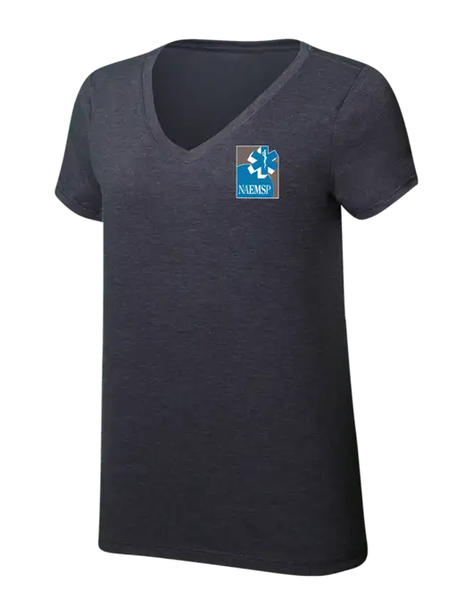 Womens Simply Soft V-Neck Heather Charcoal 4.5oz  Poly/Combed Ring Spun Cotton T-Shirt w/NAEMSP Logo
